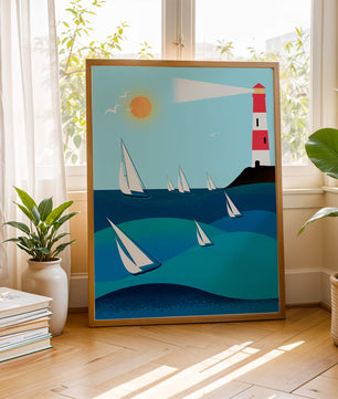 Coastal scene with sailboats and lighthouse on a bright sunny day