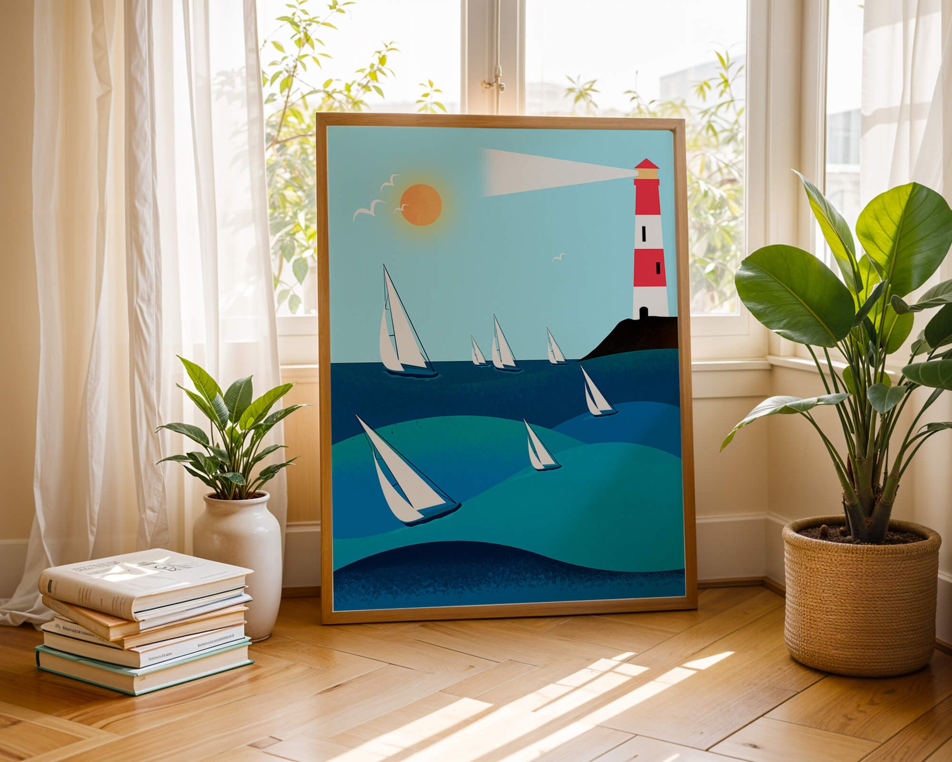 Coastal scene with sailboats and lighthouse on a bright sunny day