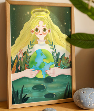 Illustration de la nature paisible avec une figure céleste tenant la Terre