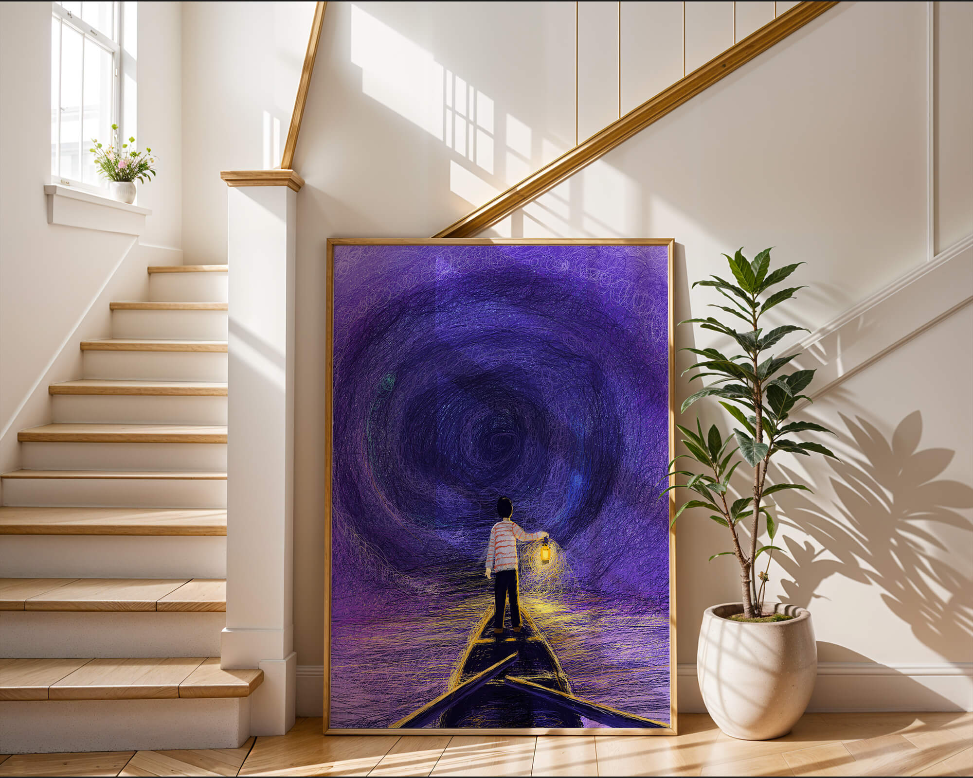 A boy holding a lantern on a boat in a swirling purple vortex