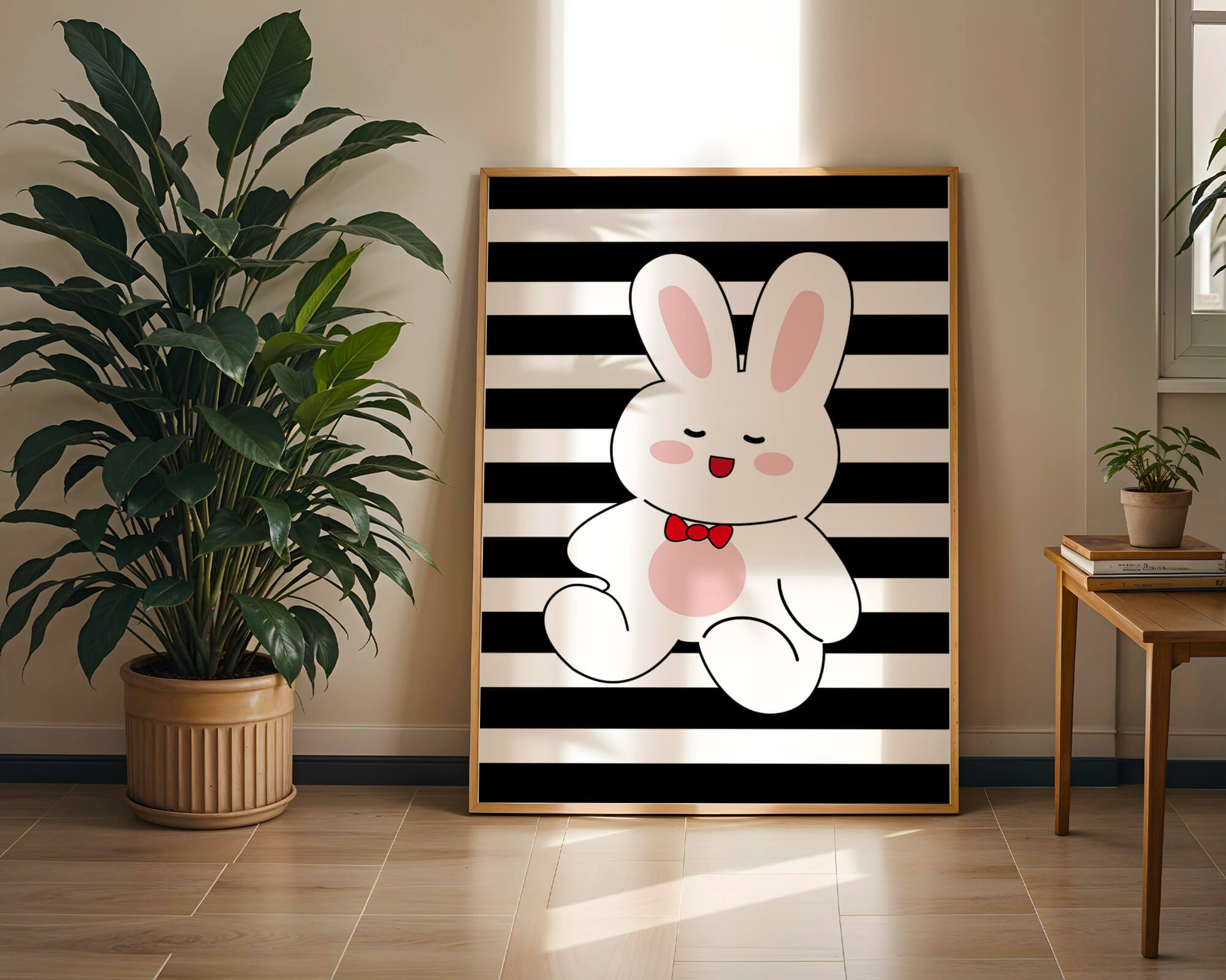 Adorable cartoon bunny with bold stripes and a red bow tie