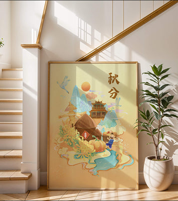 Charming autumn scene with traditional elements and nature motifs
