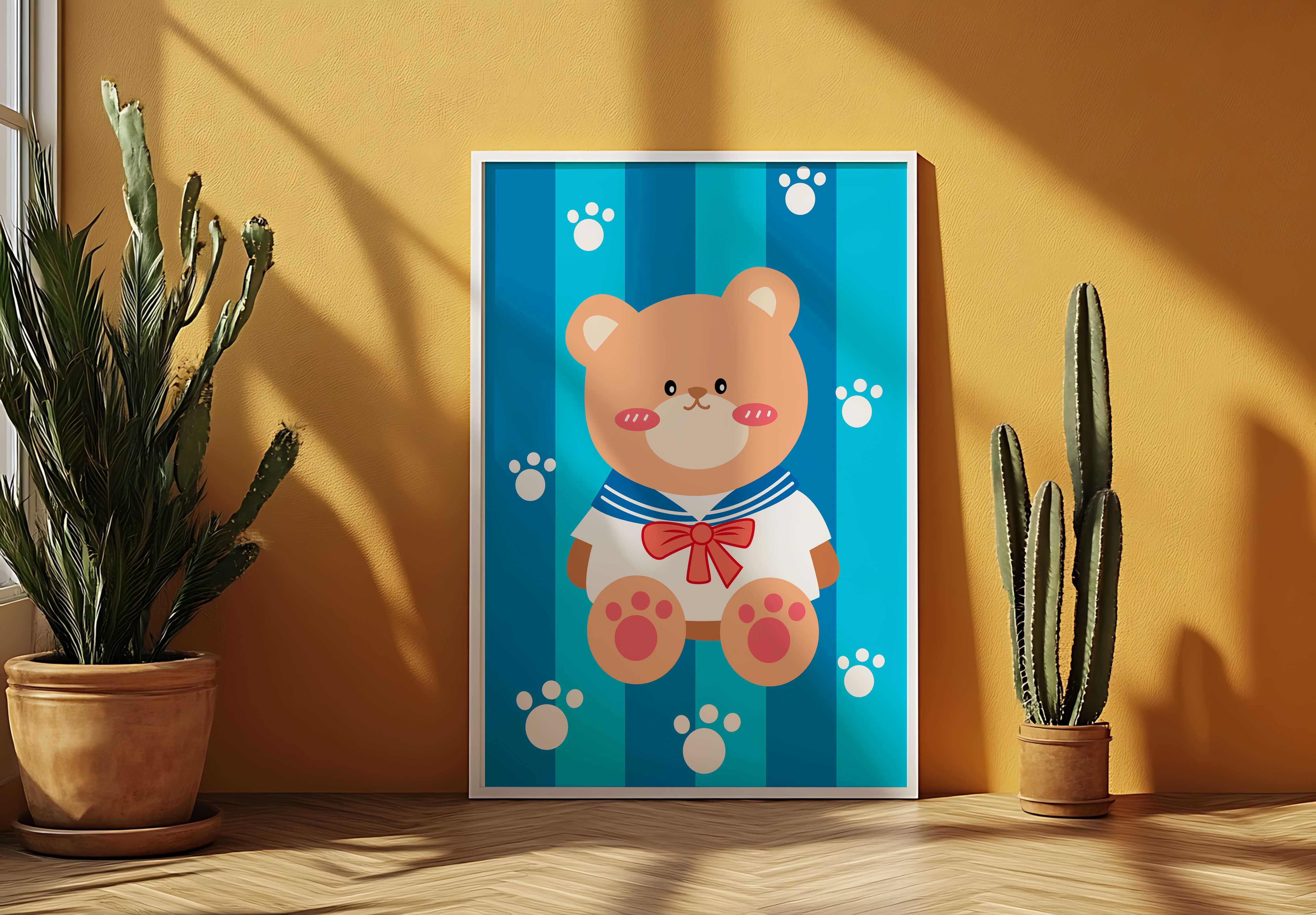 Adorable cartoon bear with sailor suit against striped background