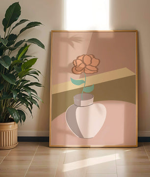 Ilustración abstracta de un jarrón con una flor en colores pastel
