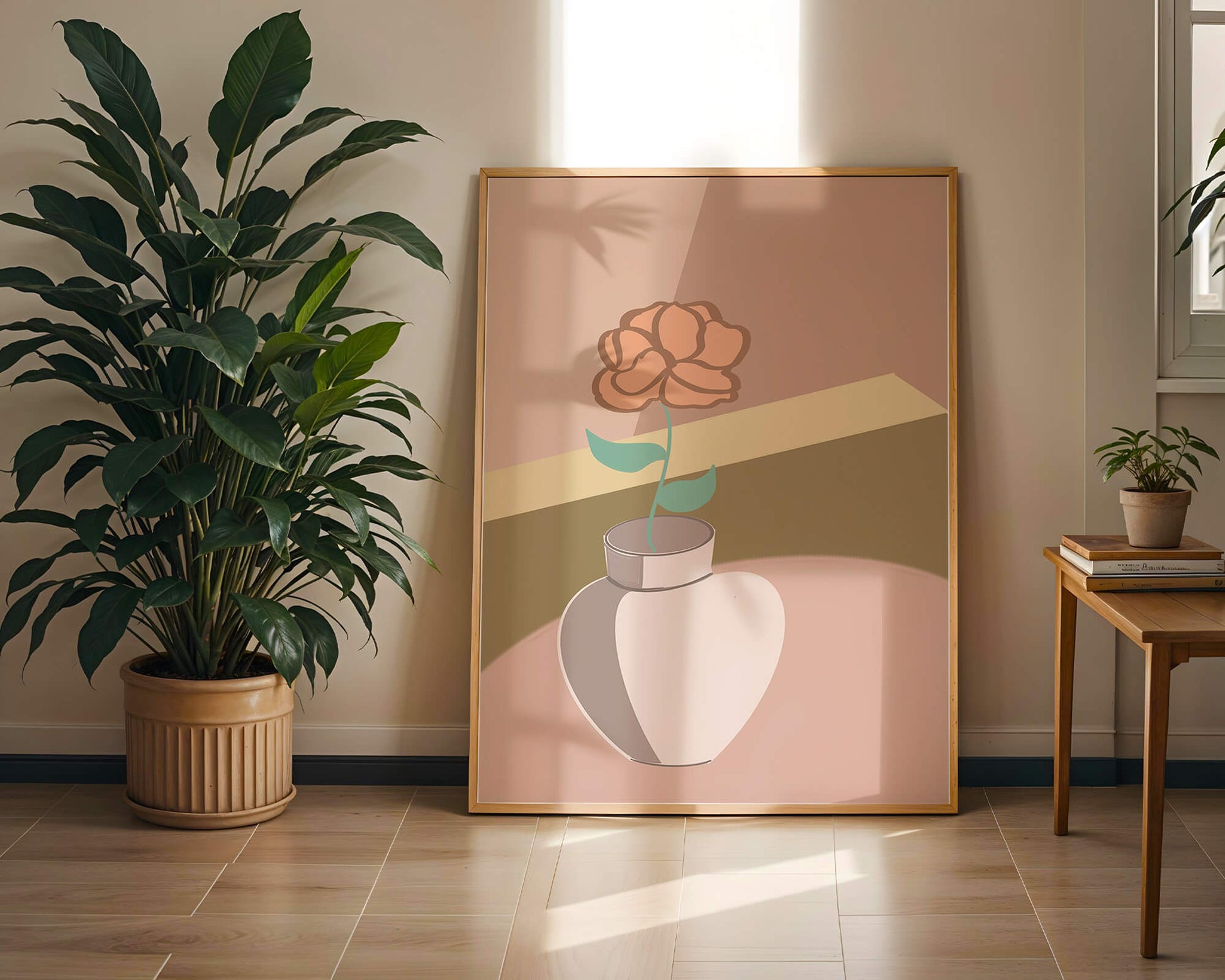 Ilustración abstracta de un jarrón con una flor en colores pastel