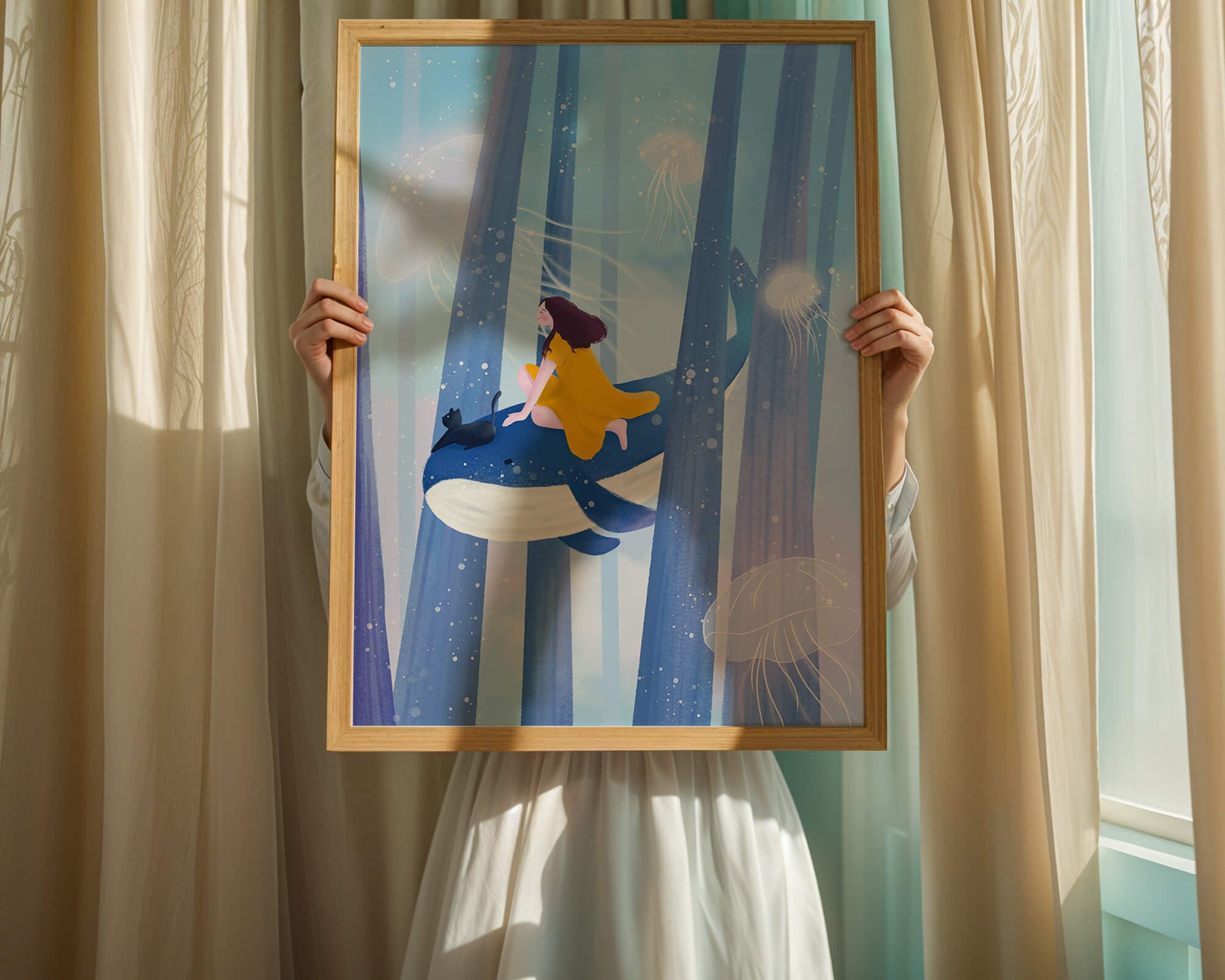 Dreamlike scene with girl, cat, and whale in an ethereal ocean