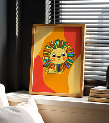Colorful cartoon lion illustration with vibrant mane on abstract background
