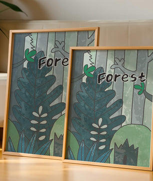 Illustrated forest scene with foliage and text