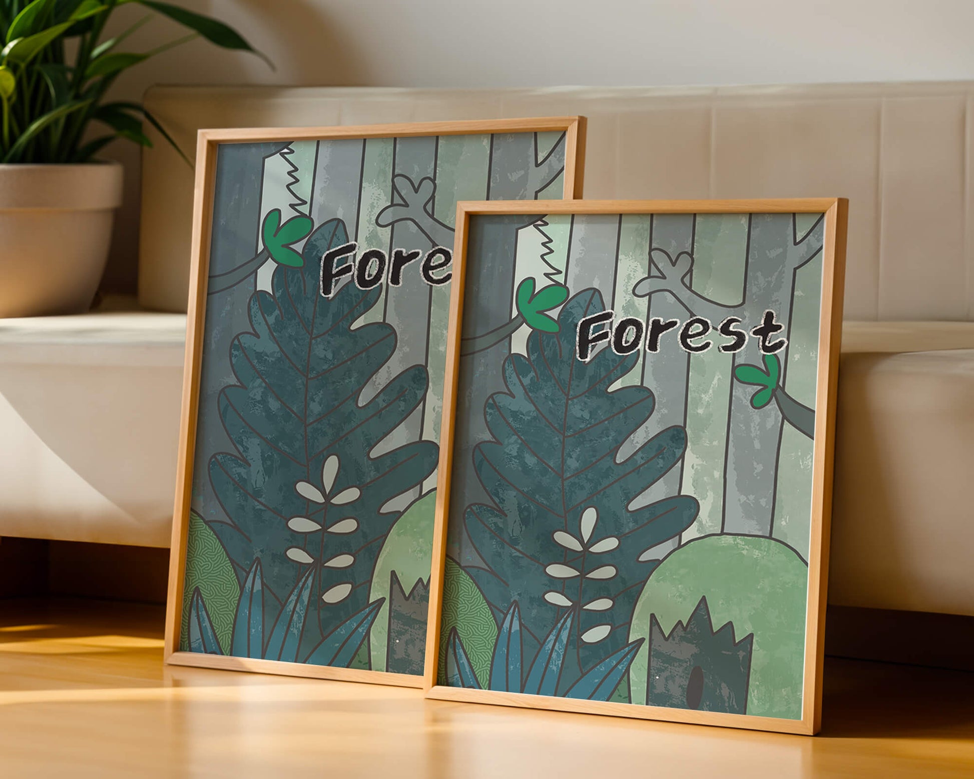 Illustrated forest scene with foliage and text