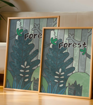 Illustrated forest scene with foliage and text