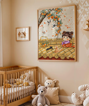Charming illustration of a child with cats on a rooftop beneath a fruit tree