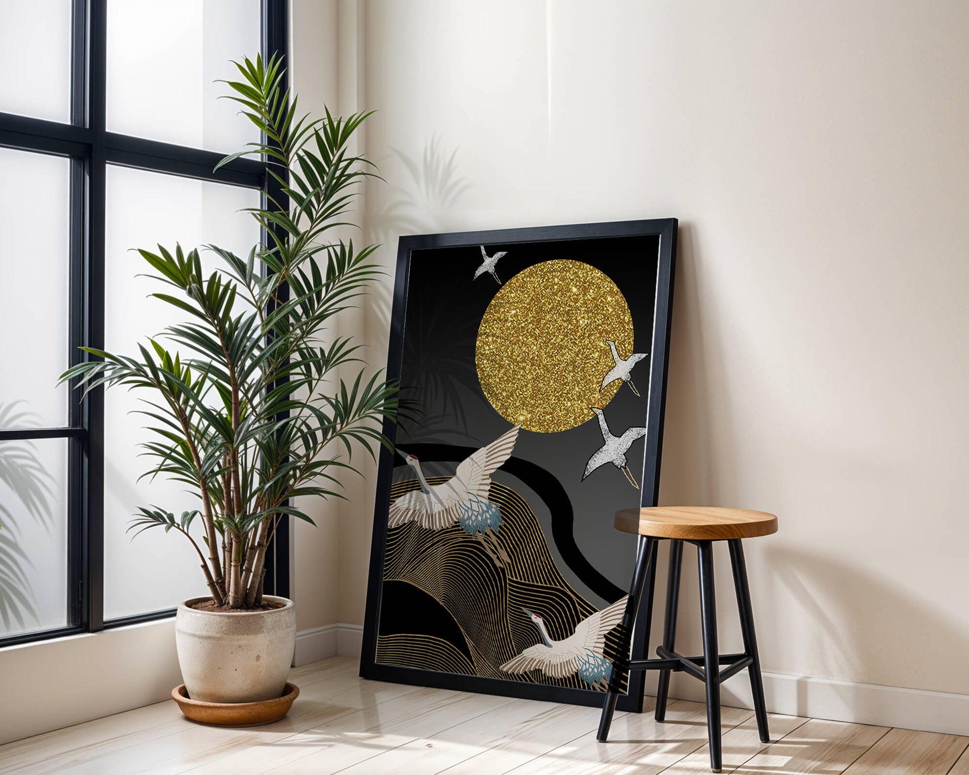 Elegant Cranes Soaring under a Golden Sun