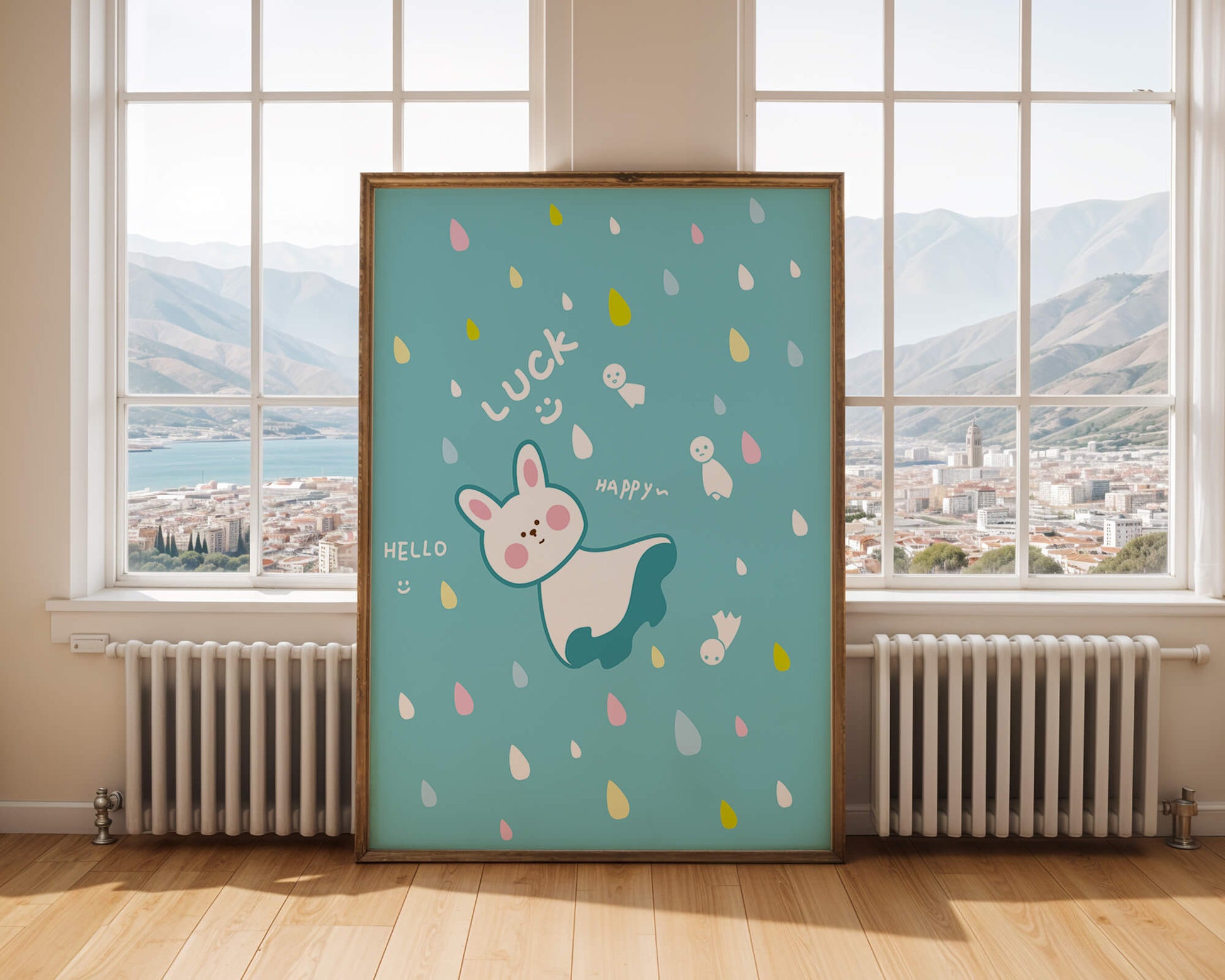 Adorable cartoon bunny with colorful drops on a blue background