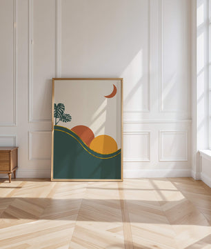 Minimalist Landscape With Mountains And Monstera Leaves At Sunset - Mi tienda