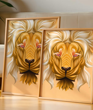 Lion Face with Intricate Golden Pattern and Flowing Mane