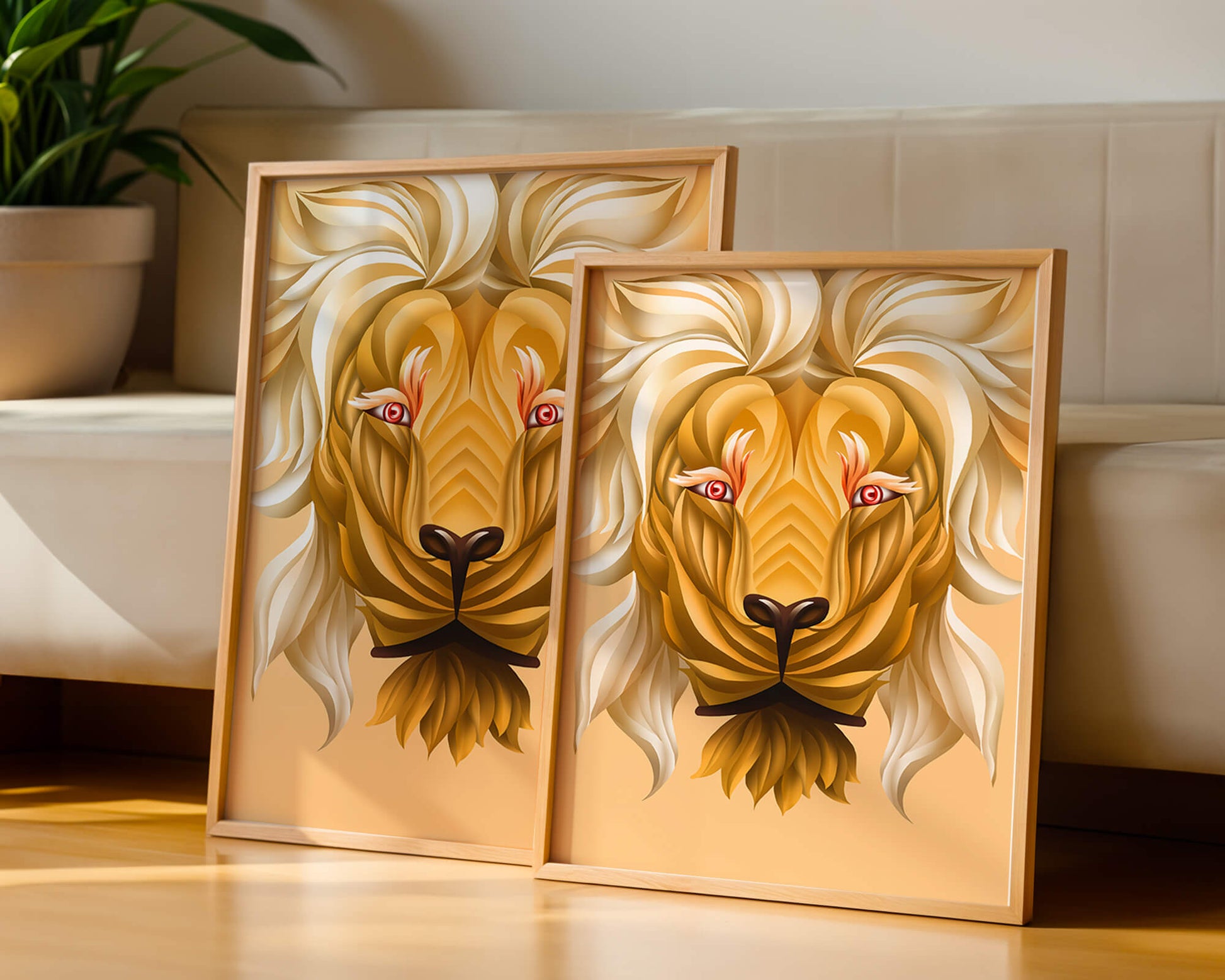Lion Face with Intricate Golden Pattern and Flowing Mane