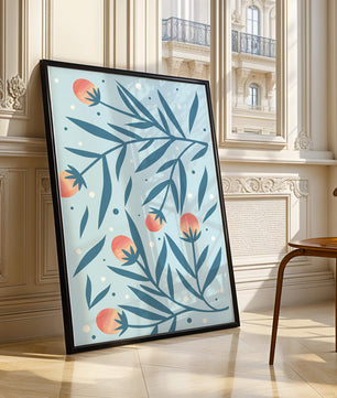 Abstract botanical pattern with colorful flowers and leaves on light blue background