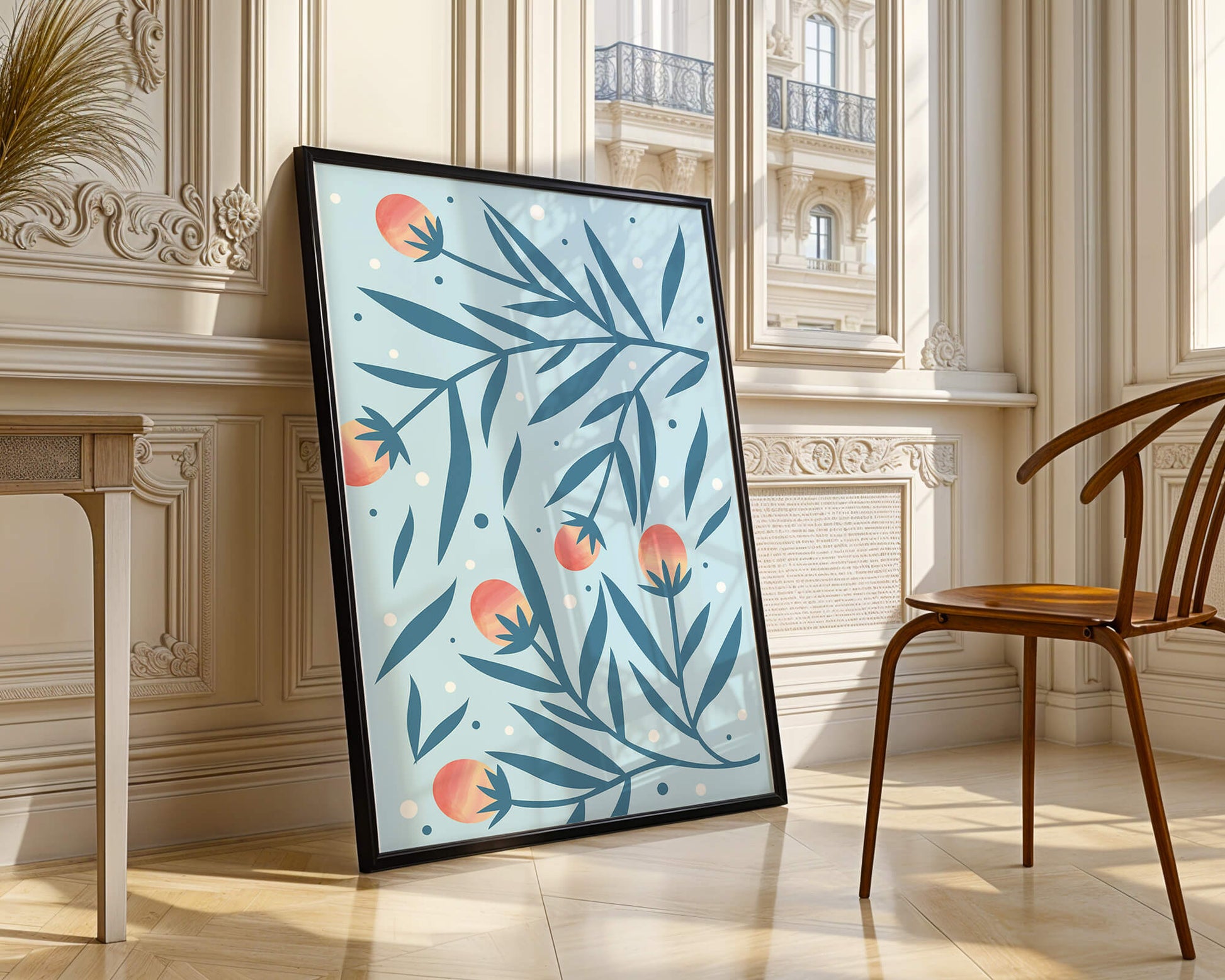 Abstract botanical pattern with colorful flowers and leaves on light blue background