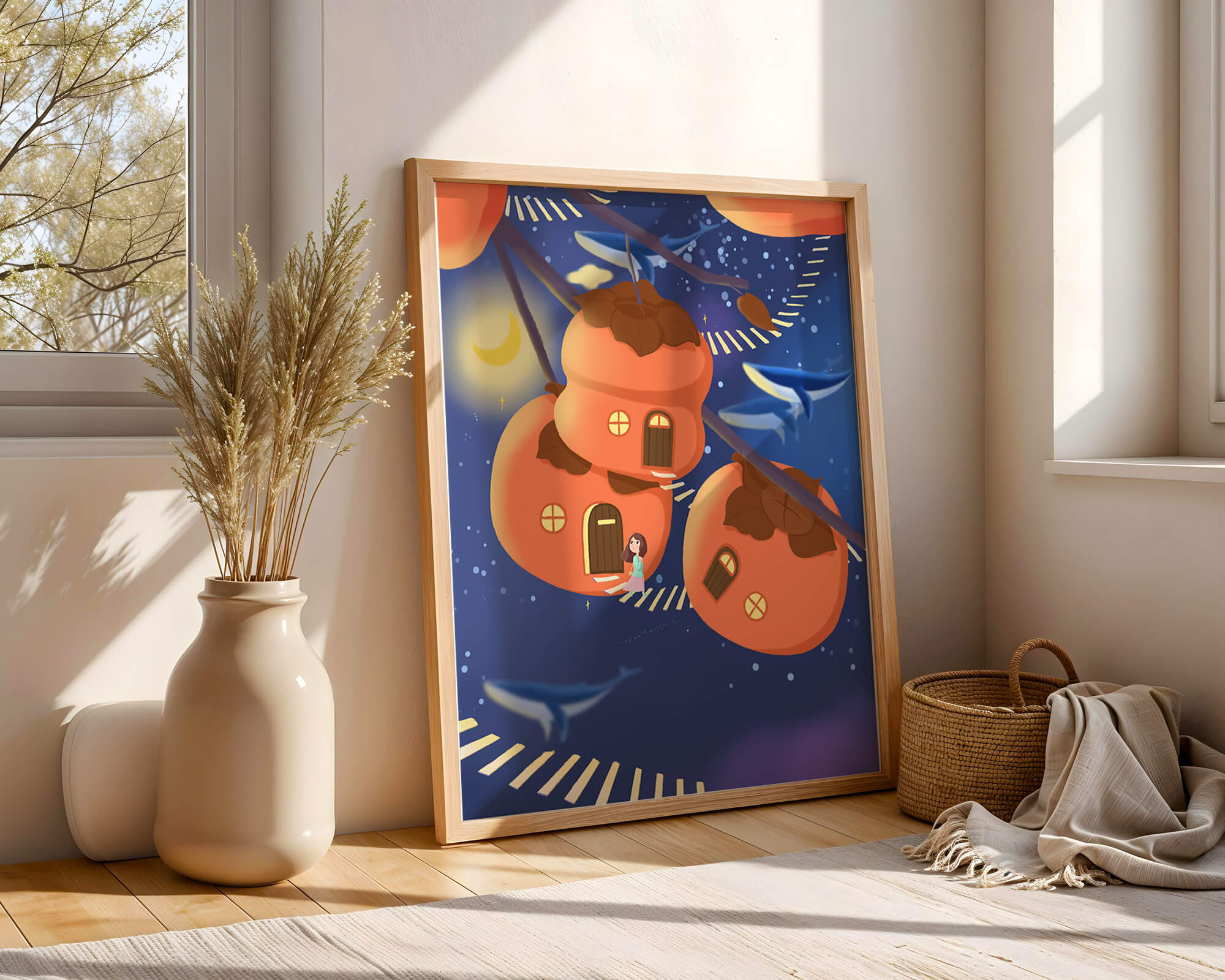 Whimsical night scene with floating persimmon houses and swimming whales