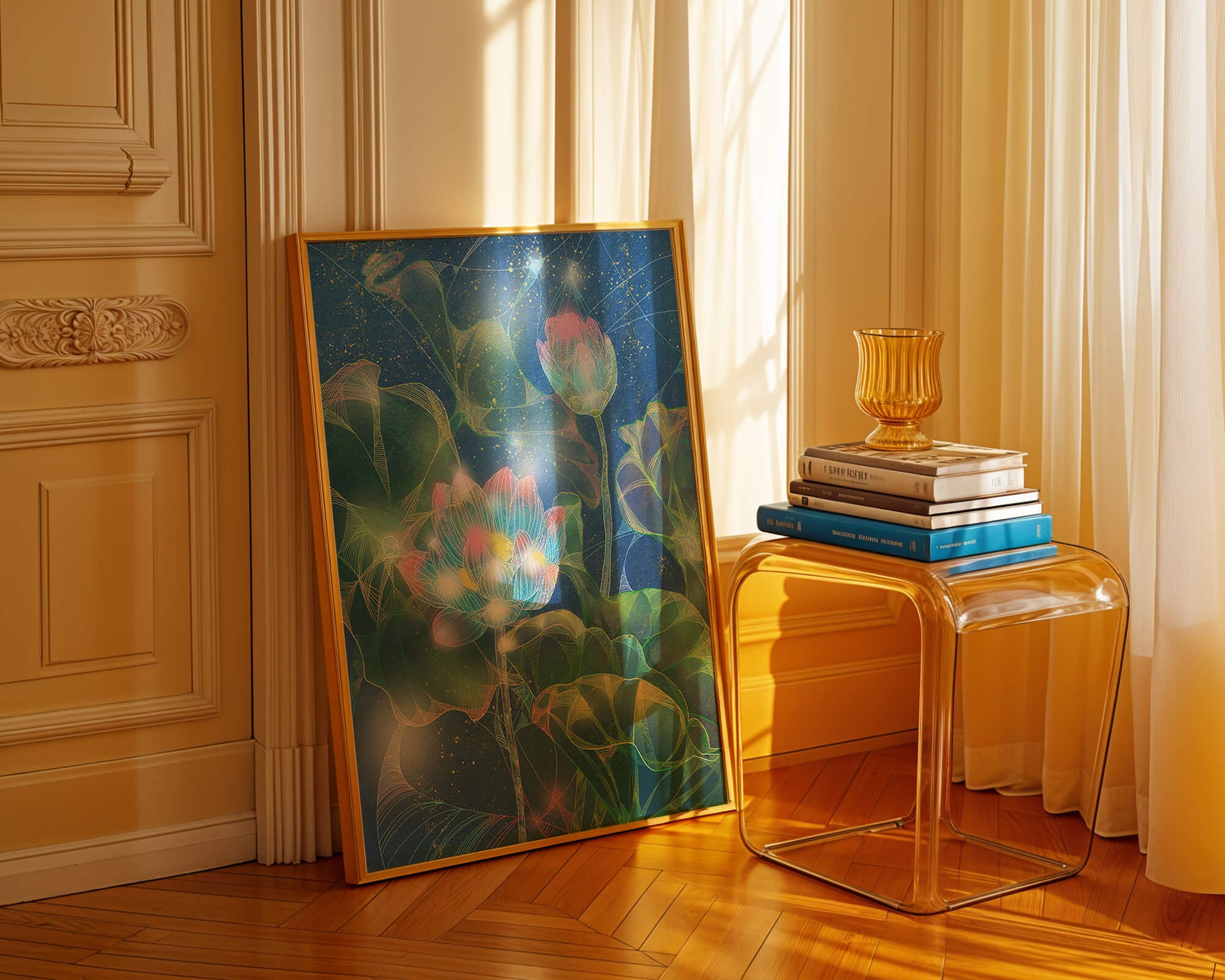 Bunte Lotusblumen mit abstraktem kosmischen Hintergrund