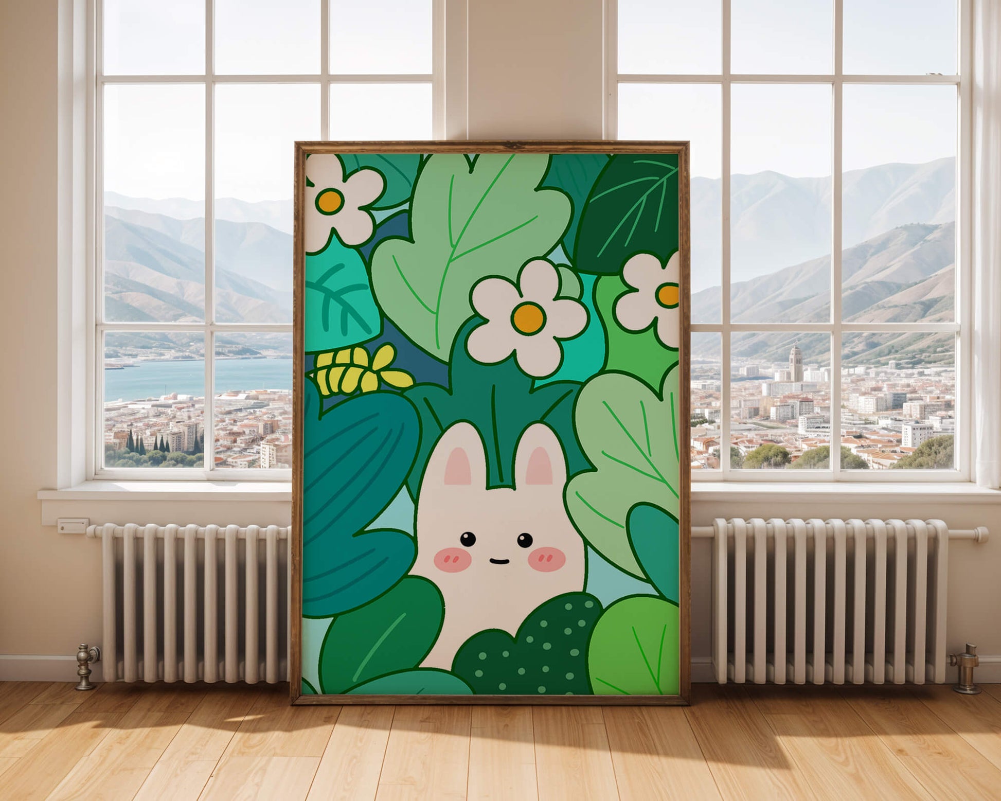 Illustration of a cute rabbit hidden among flowers and greenery