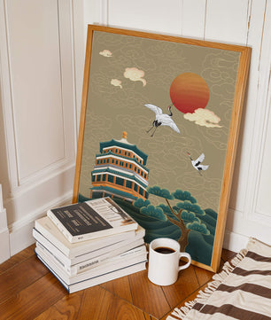 Traditional Asian artwork with cranes and pagoda under a red sun