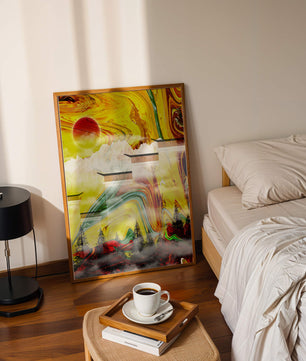 Abstract Landscape with Swirling Colors and Red Sun