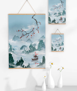 Chinese Landscape with Cherry Blossoms and Boat in Misty Mountains - Mi tienda