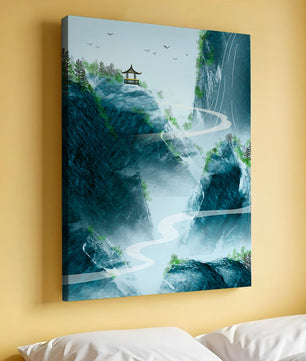 Paisaje montañoso sereno con pagoda y río serpenteante
