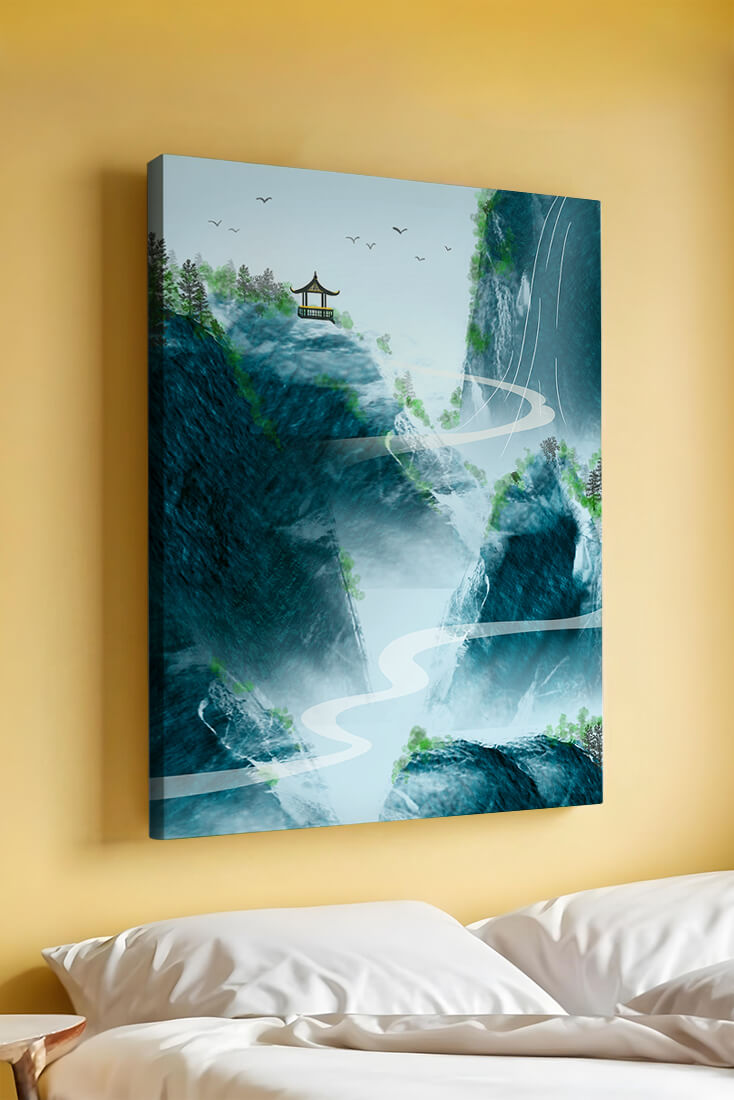 Paisaje montañoso sereno con pagoda y río serpenteante