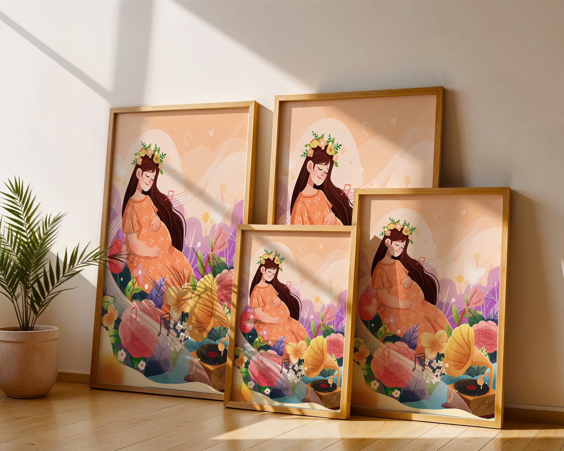 Woman in nature with flowers and musical notes