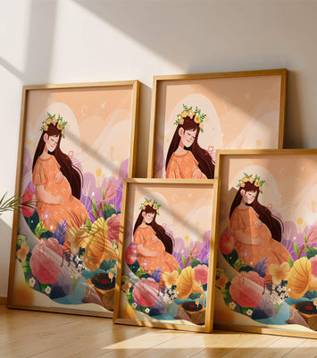 Woman in nature with flowers and musical notes