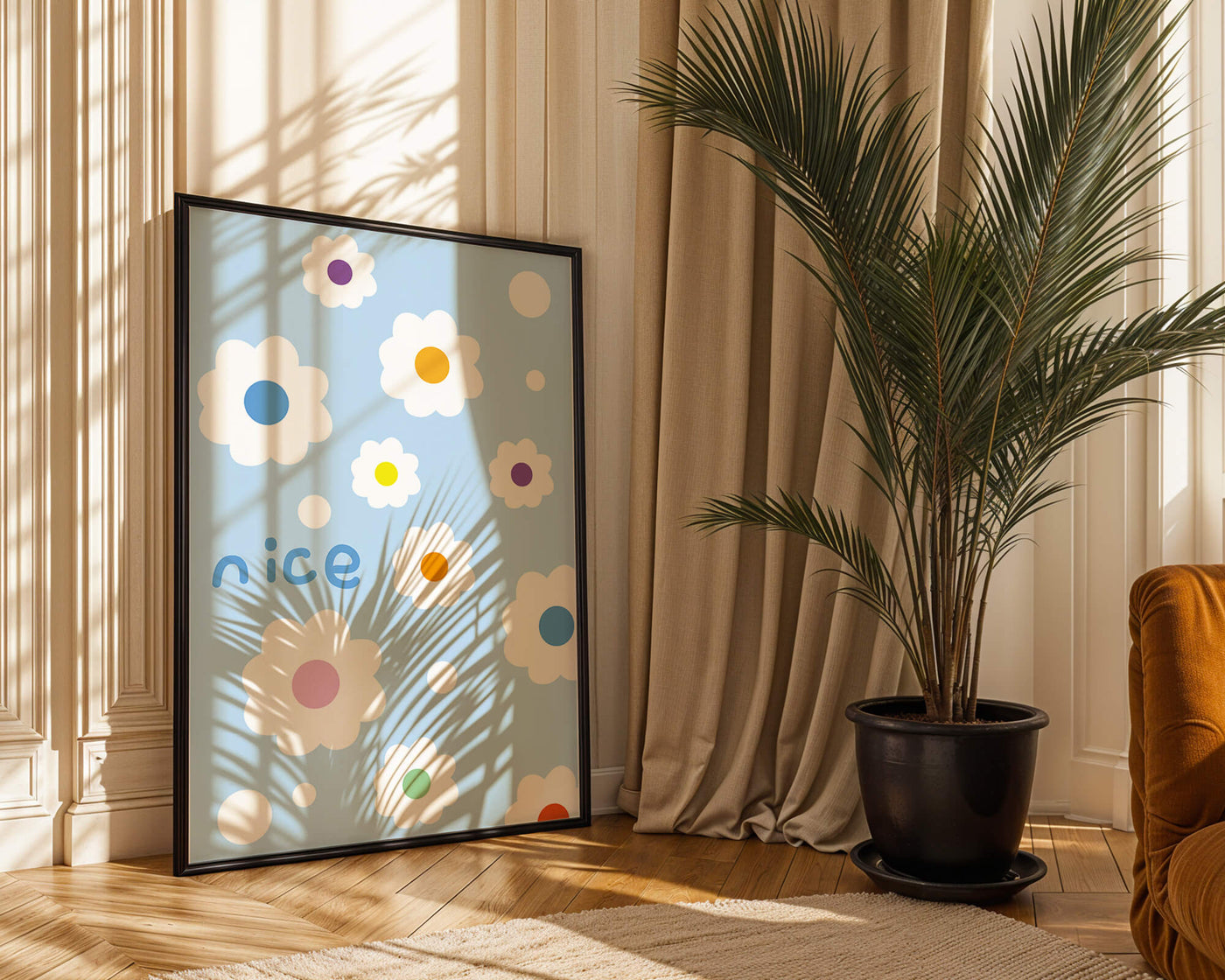 Pastel floral pattern with colorful centers on a blue background