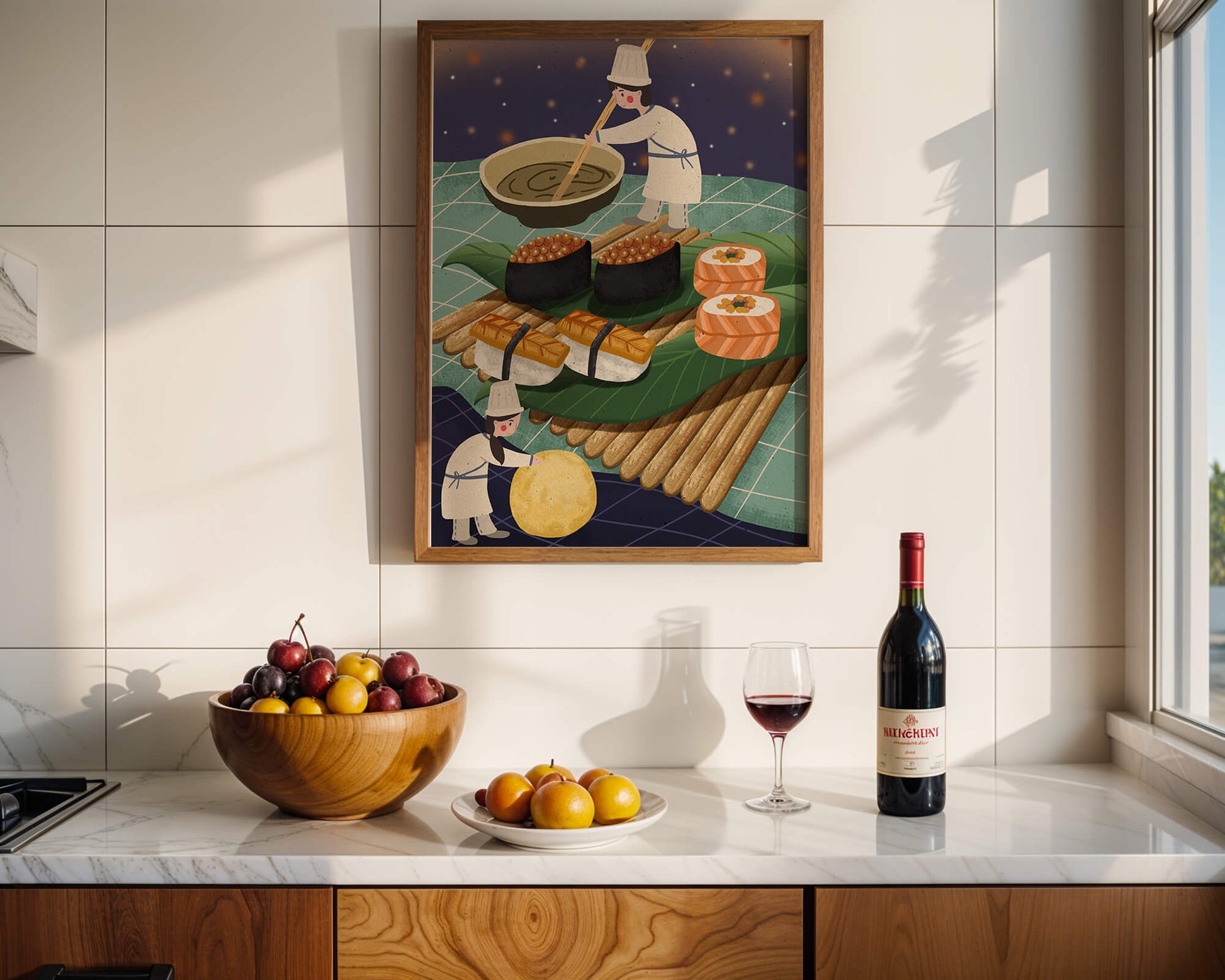 Ilustración juguetona de chefs preparando sushi en un paisaje imaginario