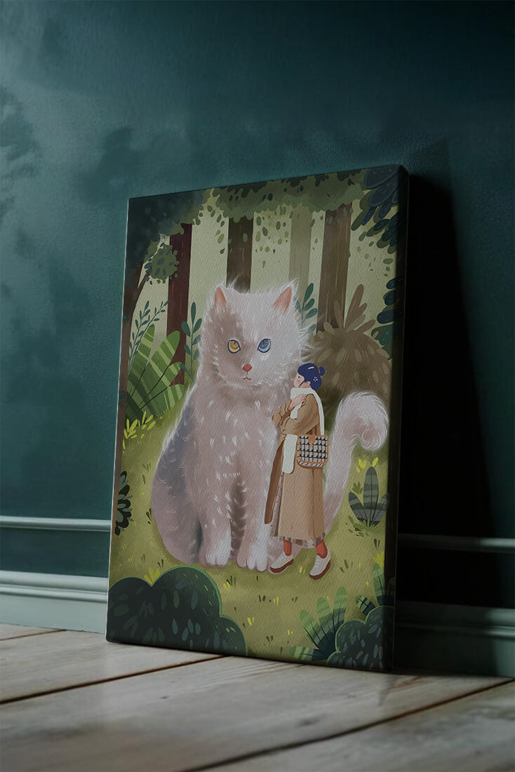 Verzauberter Wald mit einer riesigen Katze und einer Frau