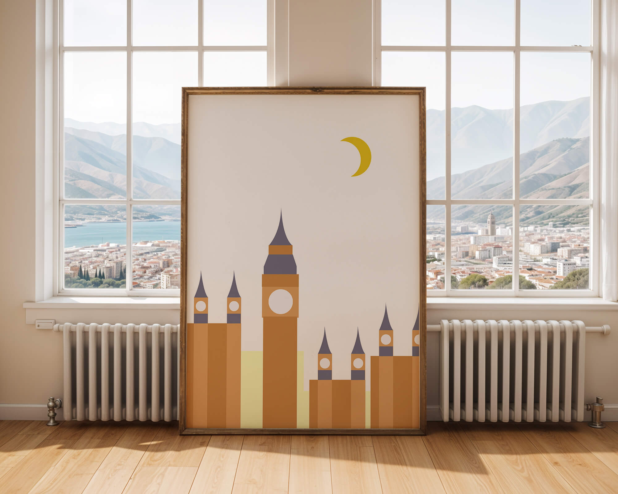 Minimalist illustration of iconic clock tower with crescent moon