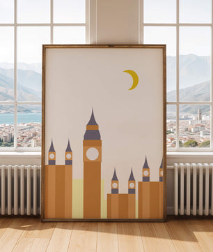 Ilustración minimalista de un icónico reloj con luna creciente