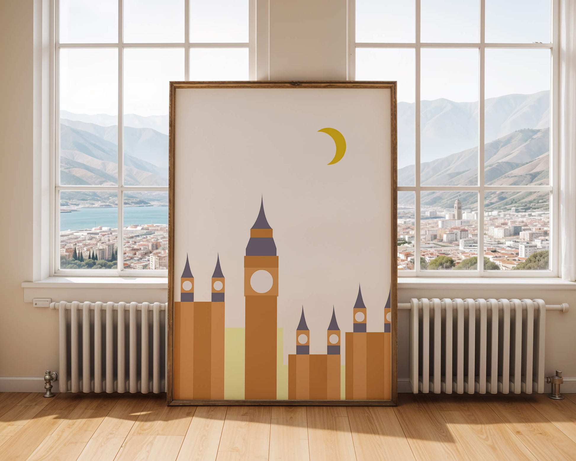 Minimalist illustration of iconic clock tower with crescent moon