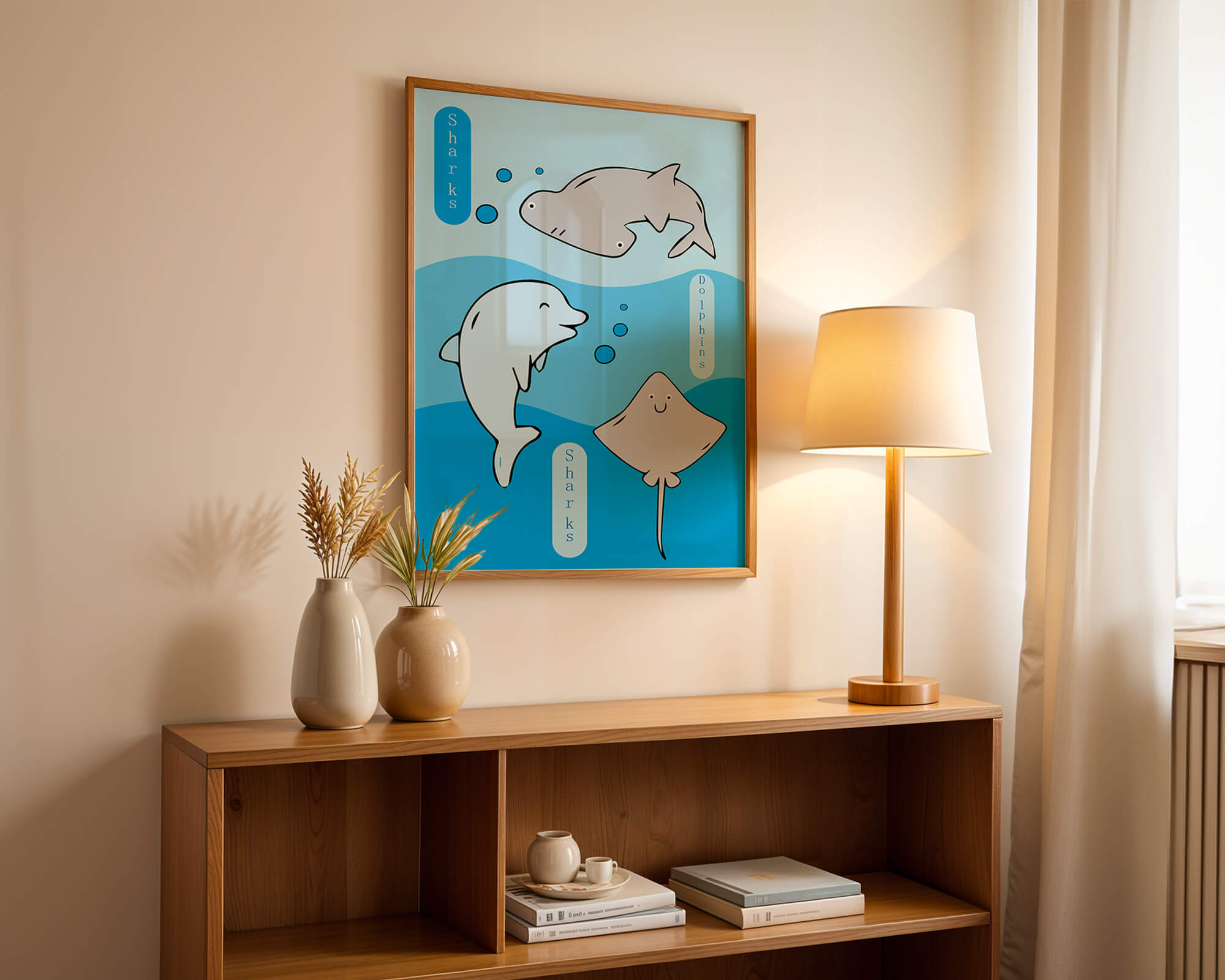 Cartoon sea animals illustration with shark, dolphin, and stingray