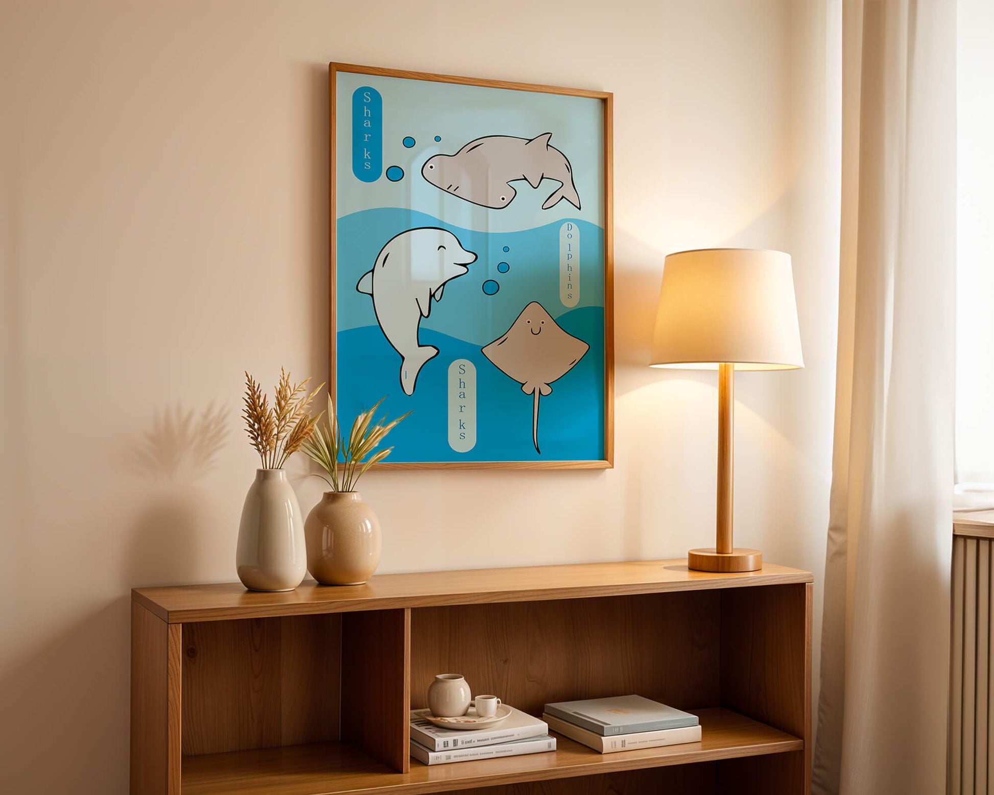 Cartoon sea animals illustration with shark, dolphin, and stingray