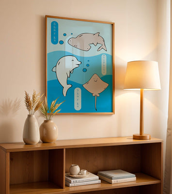 Cartoon sea animals illustration with shark, dolphin, and stingray
