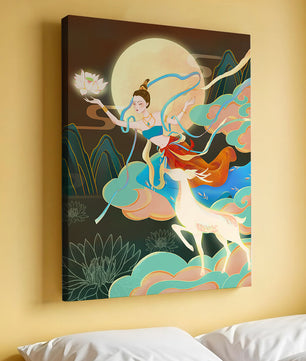 Ilustración serena de una mujer mística con ciervos en un paisaje iluminado por la luna