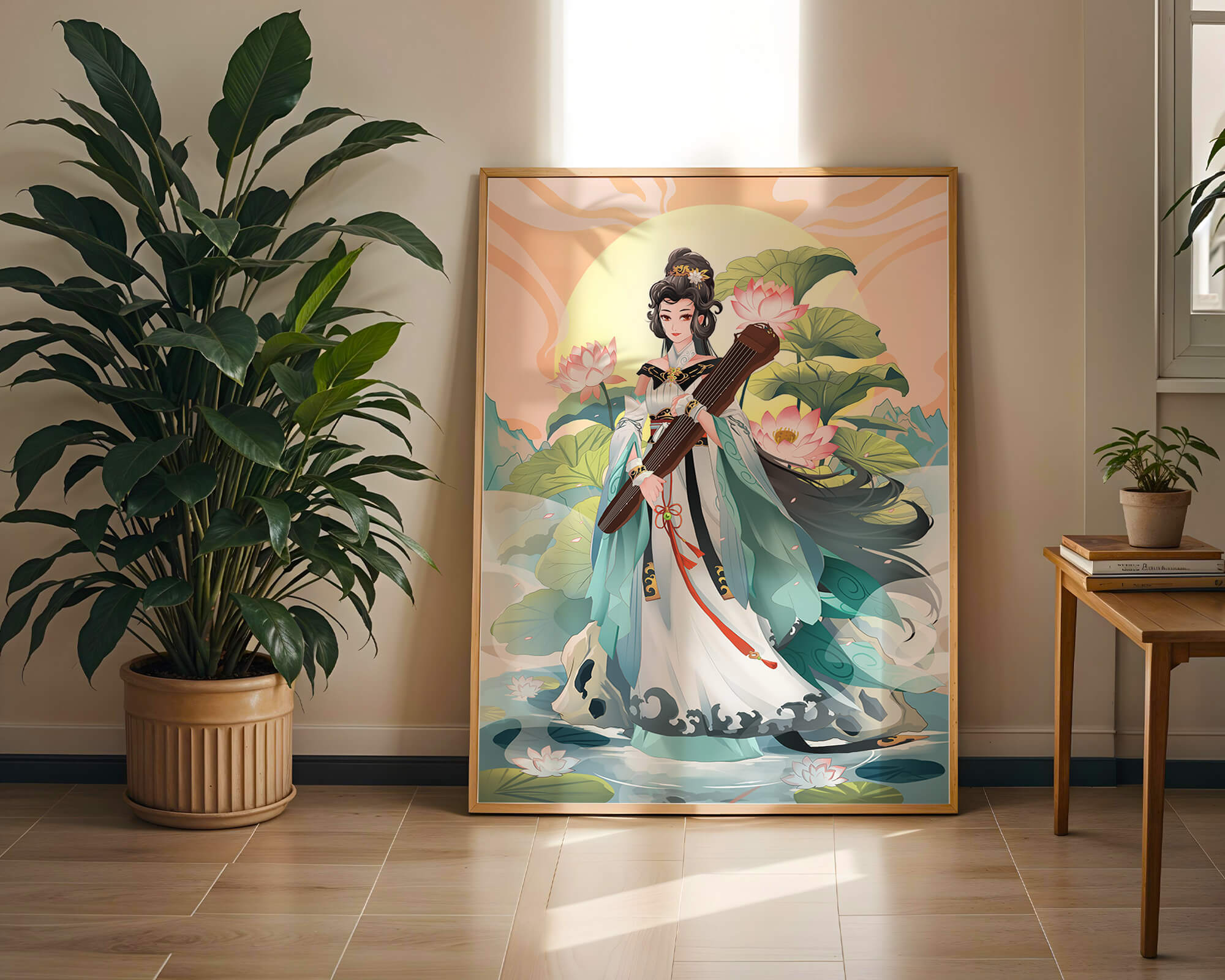 Elegant woman with traditional clothing and musical instrument in serene nature setting