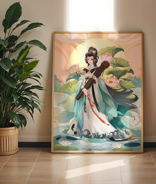 Elegant woman with traditional clothing and musical instrument in serene nature setting