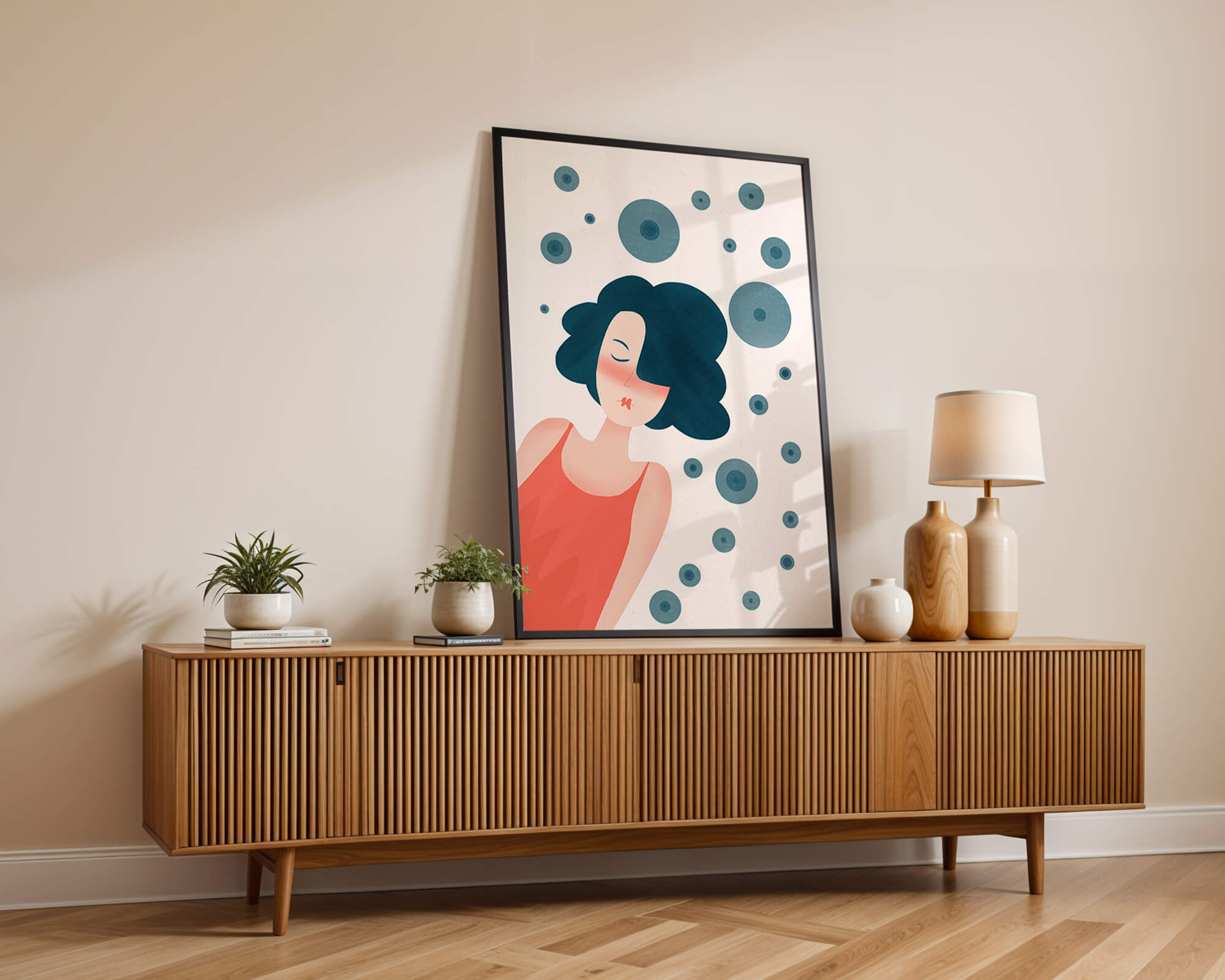 Dreamy Female Portrait with Abstract Circles in Modern Art Style - Mi tienda