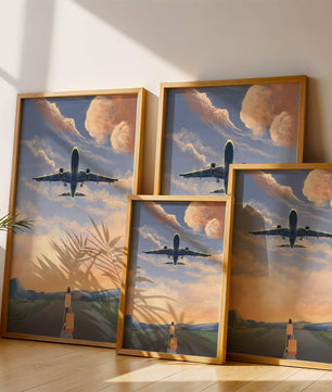 Serene airport departure with airplane and traveler at sunset