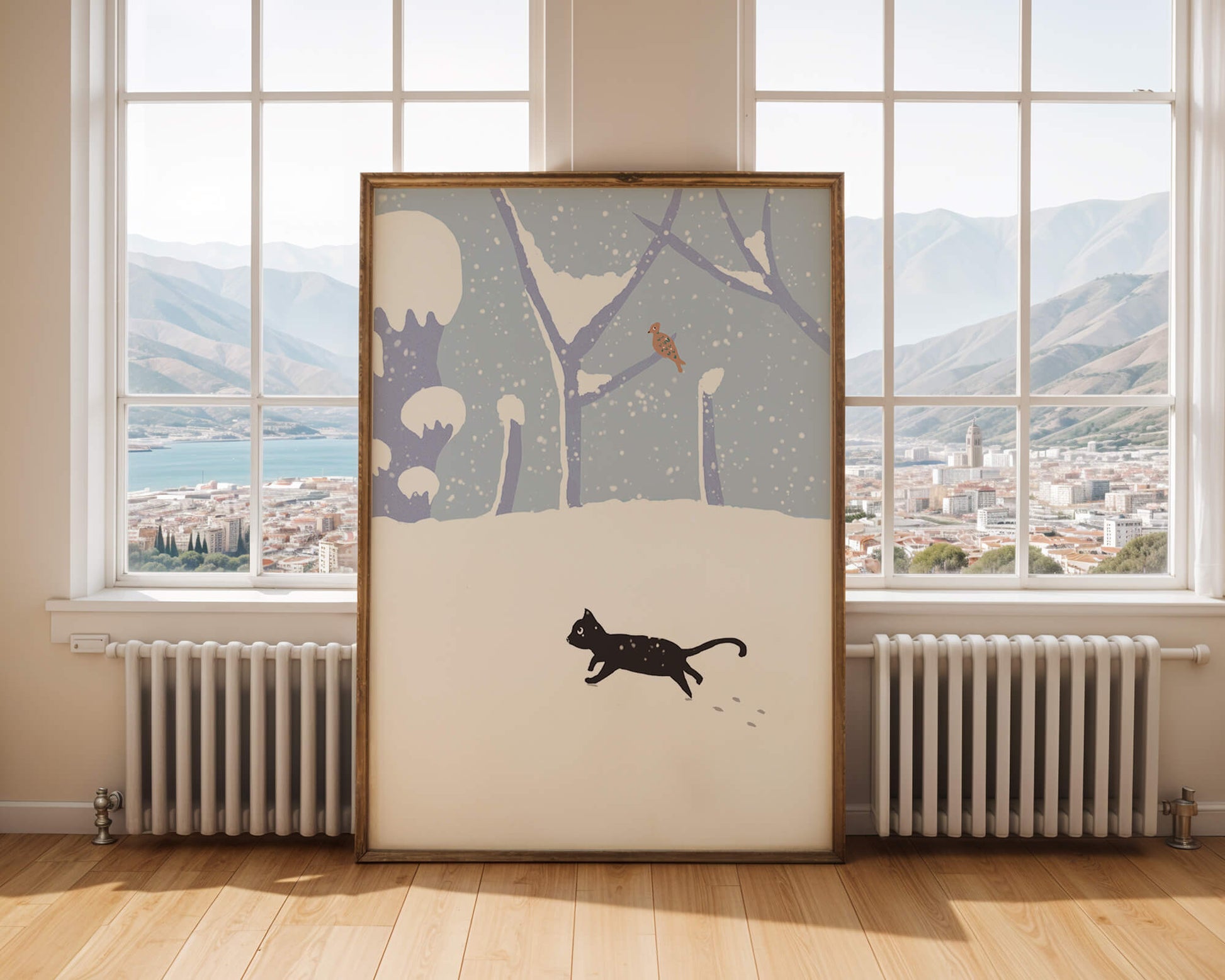 Illustrated snowy landscape with playful black cat and bird in winter scenery