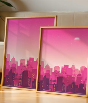 Skyline urbano al anochecer con degradado rosa y noria