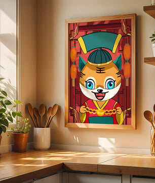 Tigre de dibujos animados colorido con linternas y elementos tradicionales