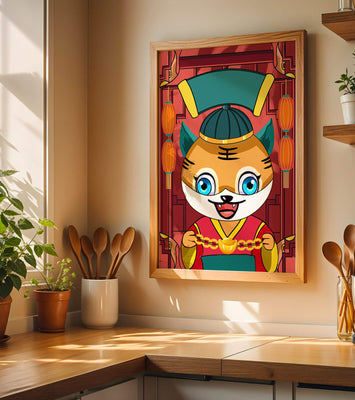Colorful cartoon tiger with lanterns and traditional elements